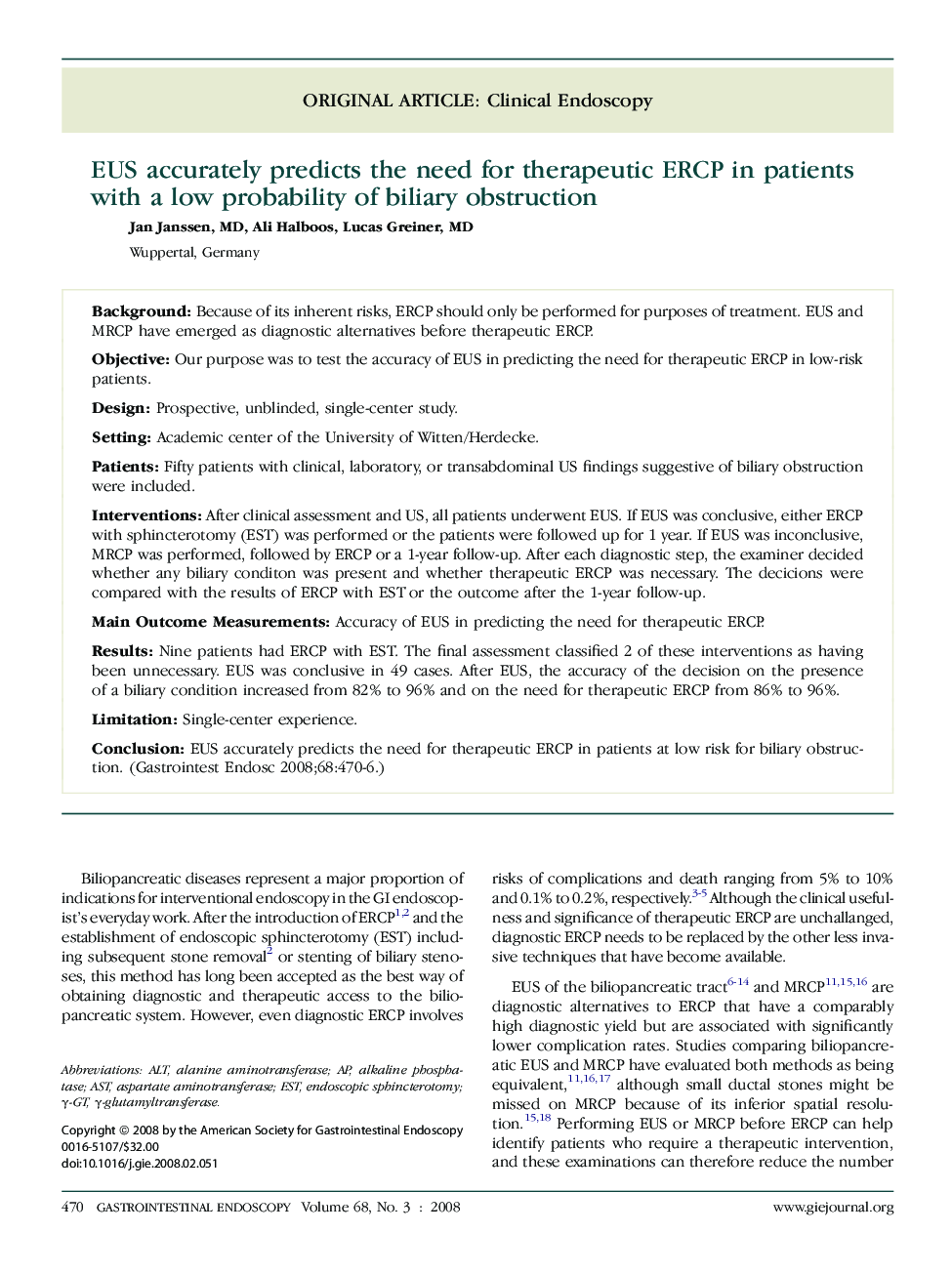 EUS accurately predicts the need for therapeutic ERCP in patients with a low probability of biliary obstruction