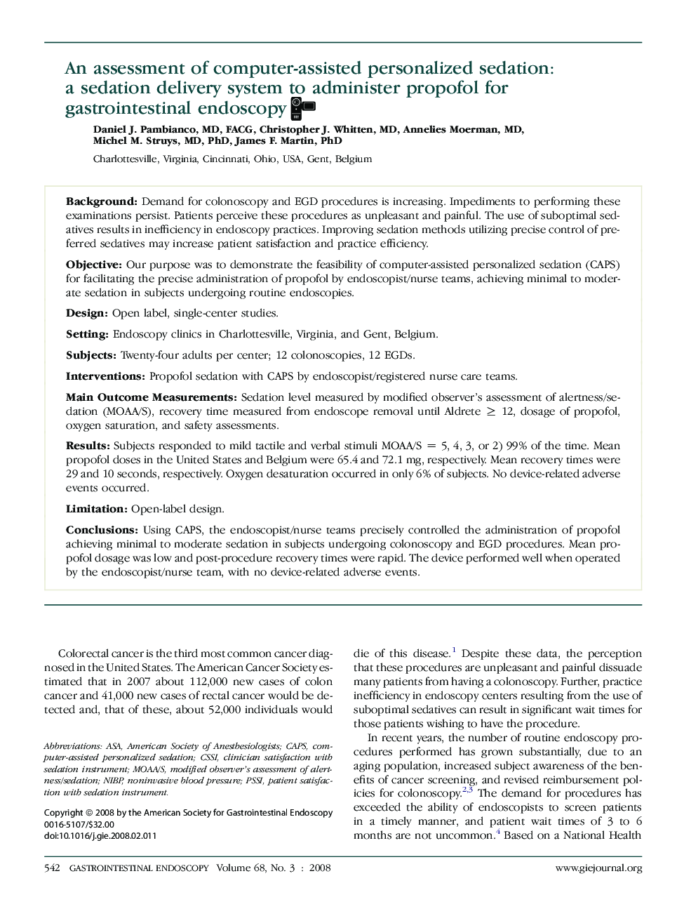 An assessment of computer-assisted personalized sedation: a sedation delivery system to administer propofol for gastrointestinal endoscopy