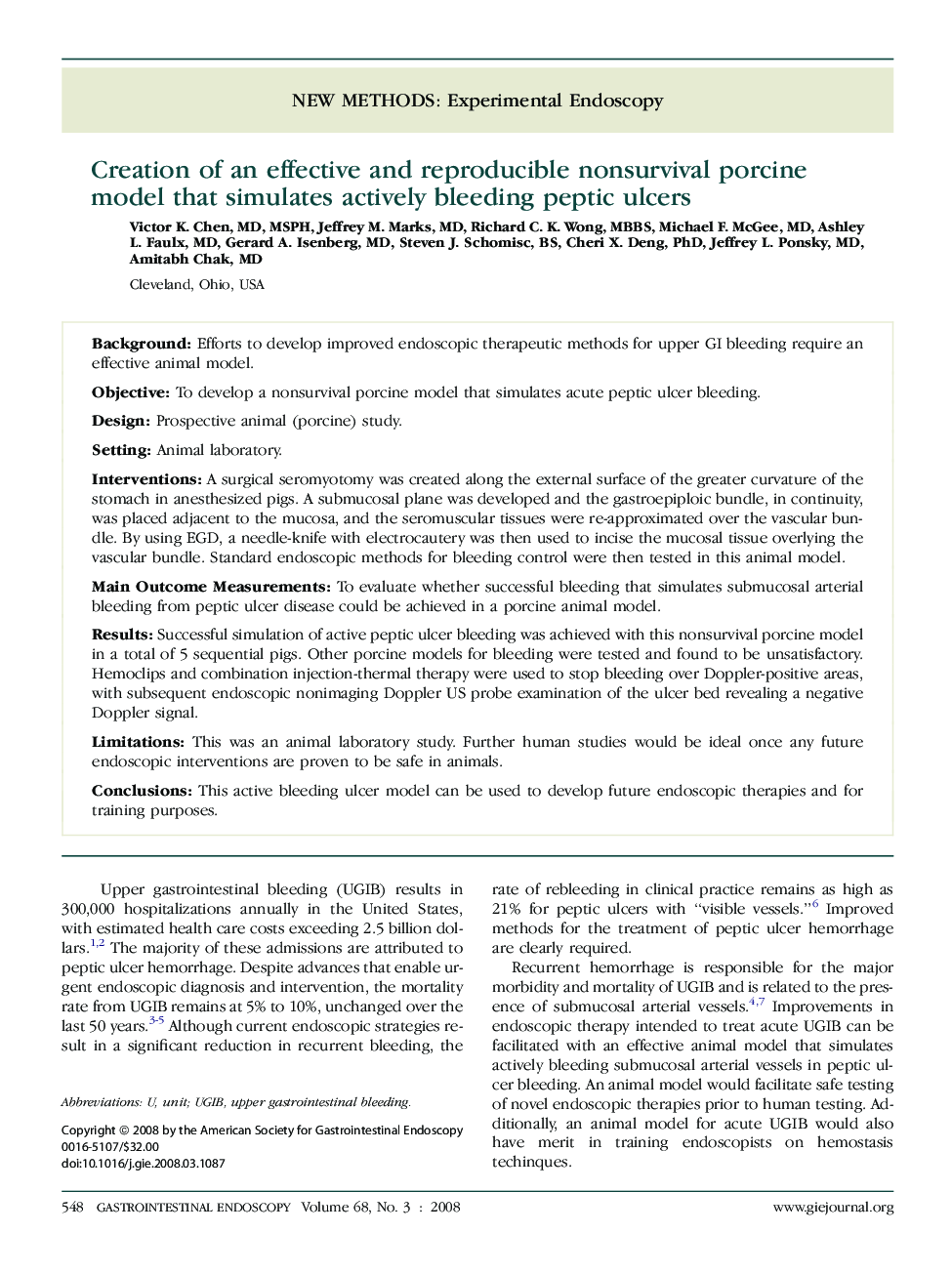 Creation of an effective and reproducible nonsurvival porcine model that simulates actively bleeding peptic ulcers 