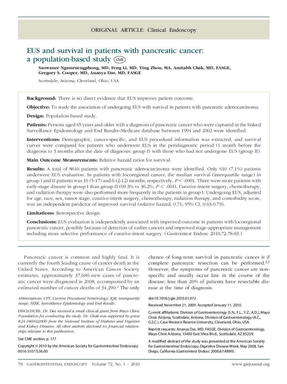 EUS and survival in patients with pancreatic cancer: a population-based study