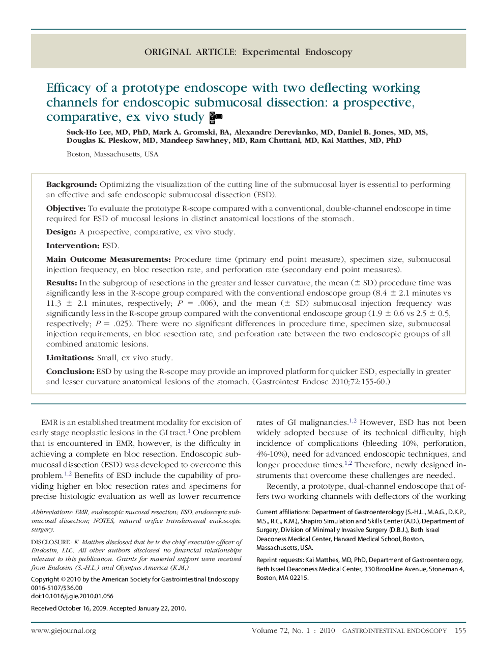 Efficacy of a prototype endoscope with two deflecting working channels for endoscopic submucosal dissection: a prospective, comparative, ex vivo study 