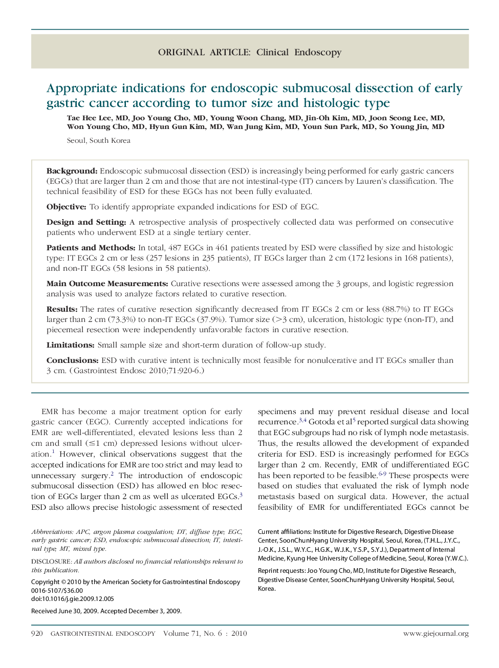 Appropriate indications for endoscopic submucosal dissection of early gastric cancer according to tumor size and histologic type 