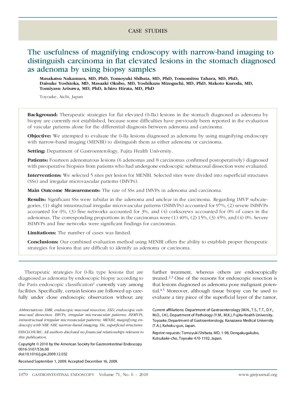 The usefulness of magnifying endoscopy with narrow-band imaging to distinguish carcinoma in flat elevated lesions in the stomach diagnosed as adenoma by using biopsy samples 