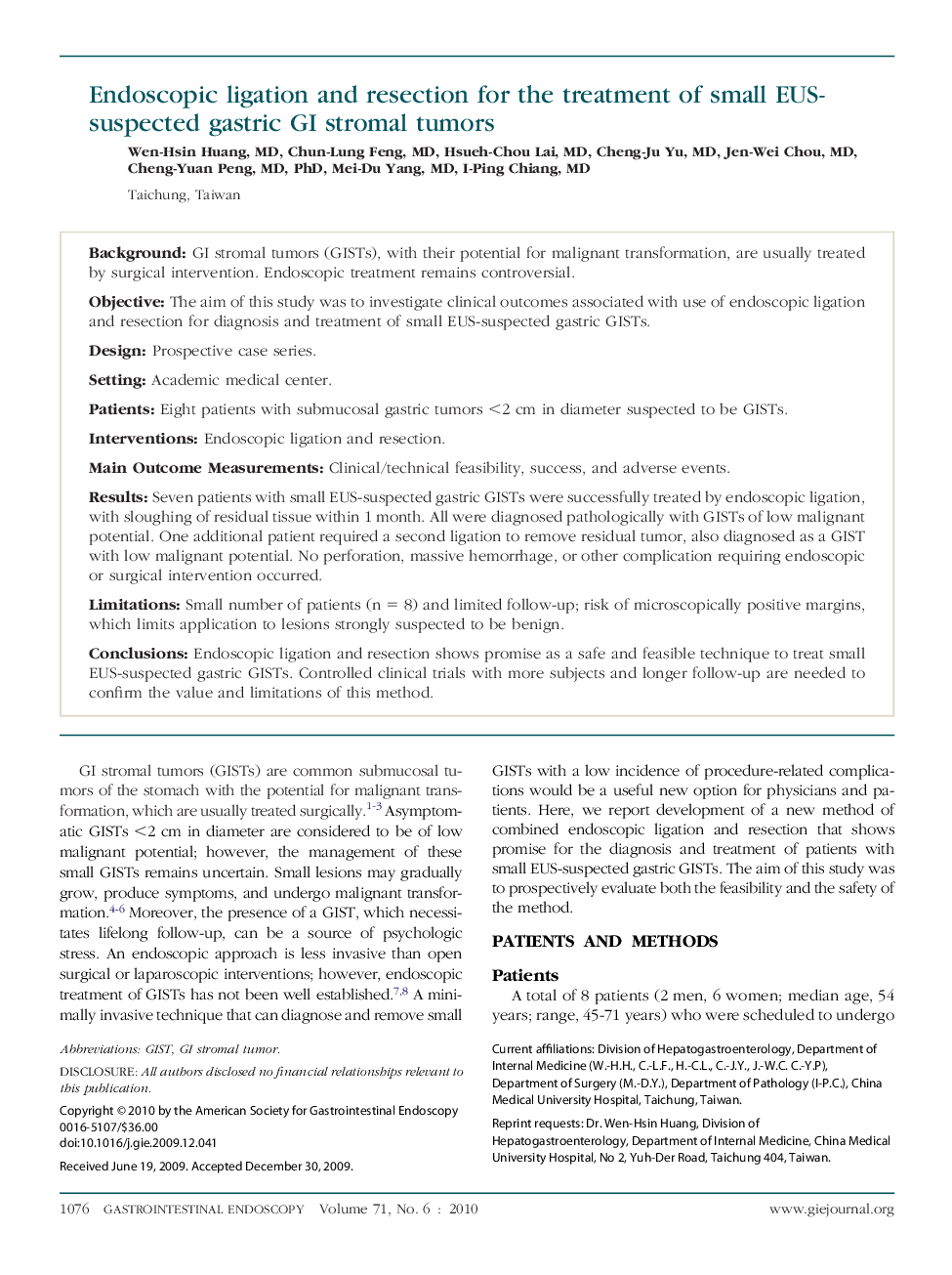 Endoscopic ligation and resection for the treatment of small EUS-suspected gastric GI stromal tumors 