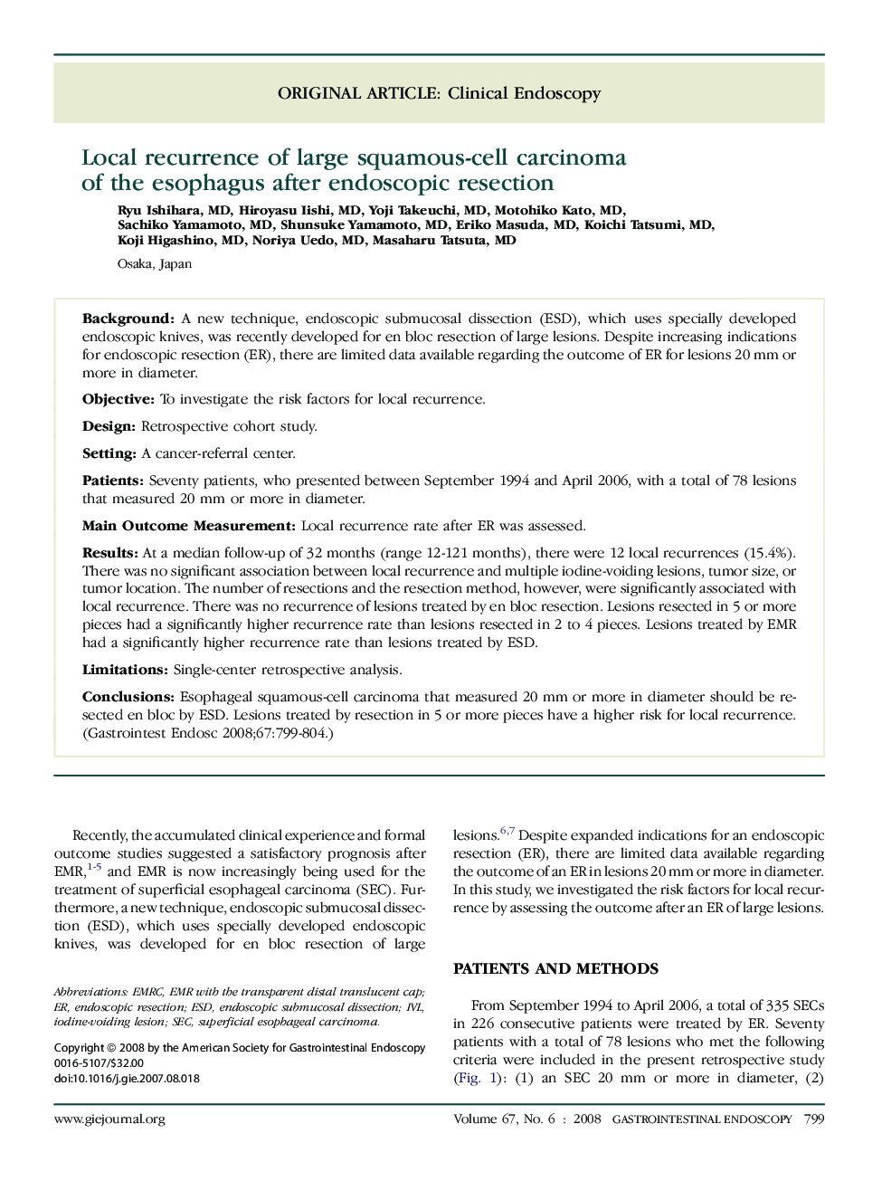 Local recurrence of large squamous-cell carcinoma of the esophagus after endoscopic resection