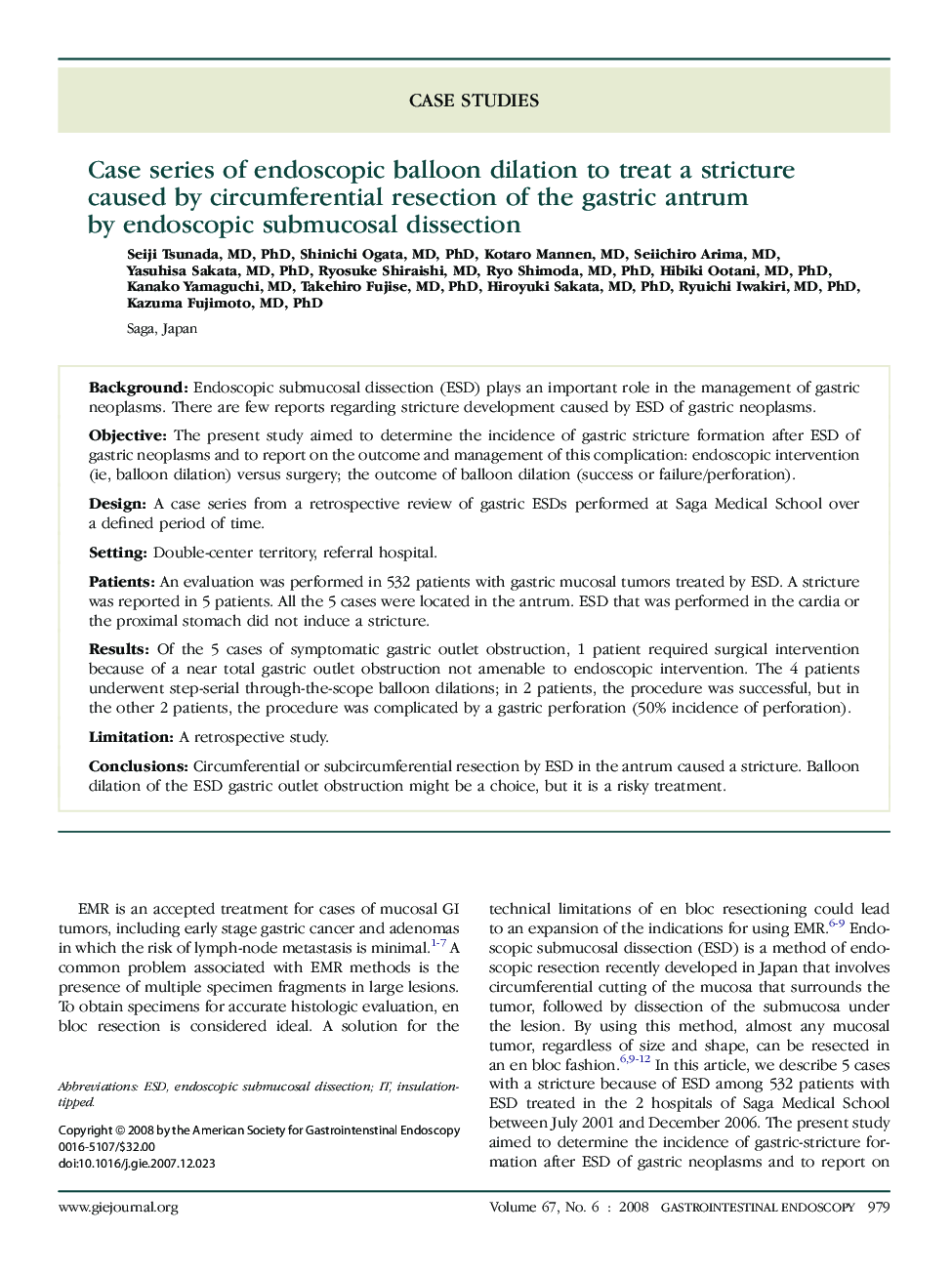 Case series of endoscopic balloon dilation to treat a stricture caused by circumferential resection of the gastric antrum by endoscopic submucosal dissection