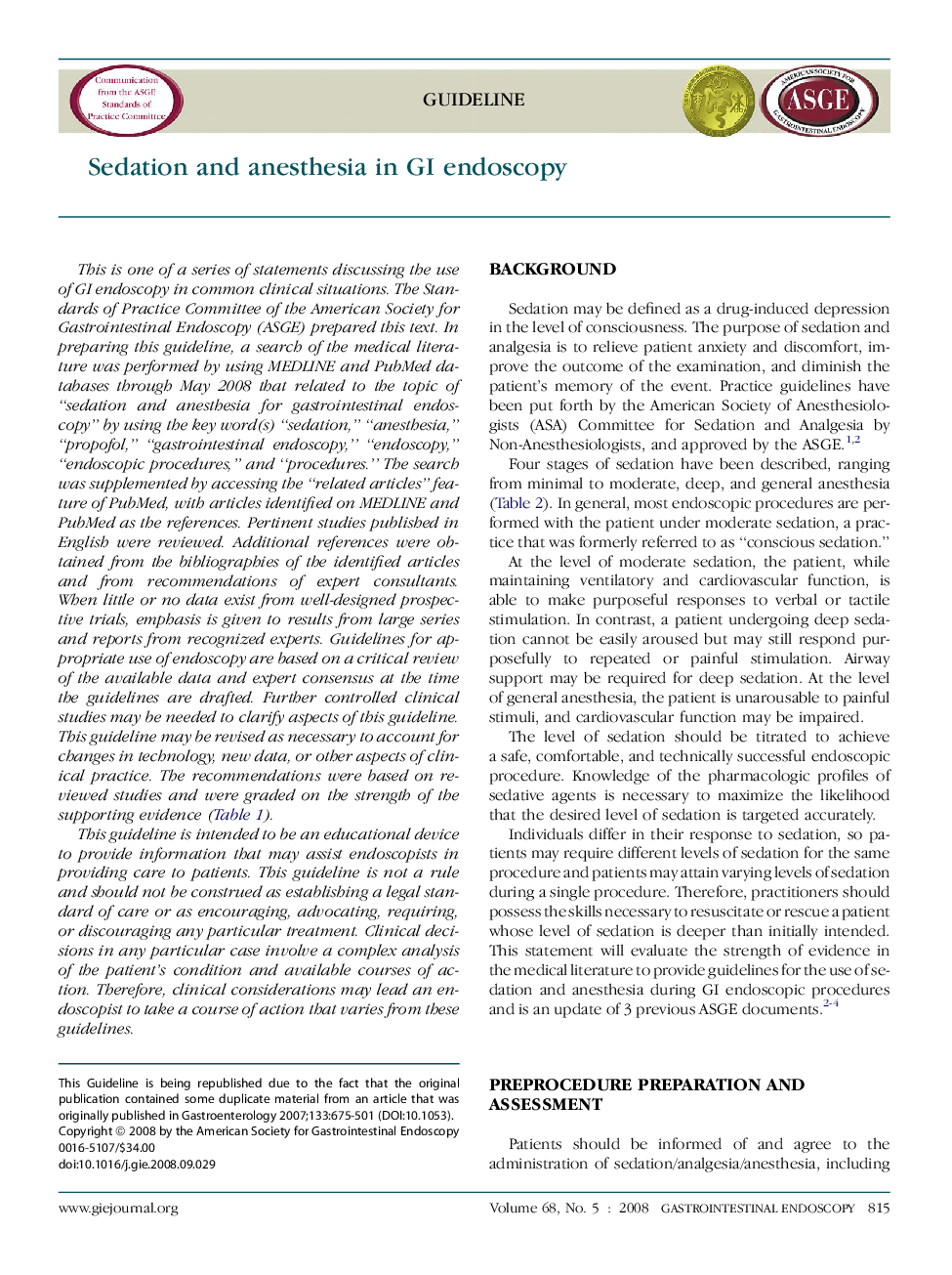 Sedation and anesthesia in GI endoscopy