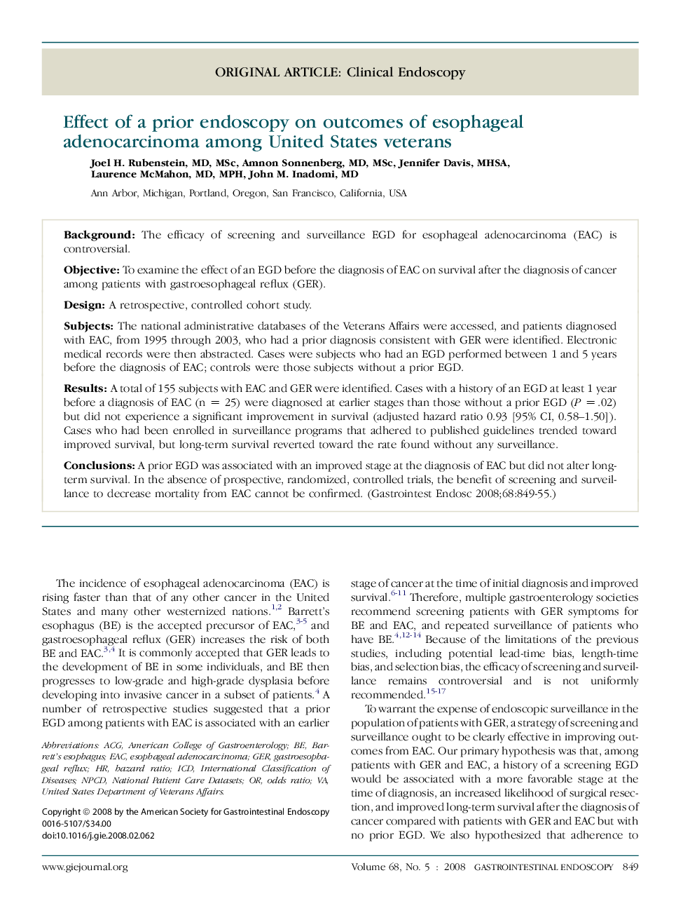 Effect of a prior endoscopy on outcomes of esophageal adenocarcinoma among United States veterans