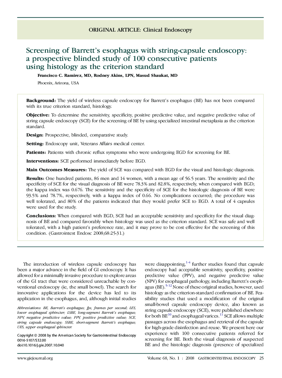 Screening of Barrett's esophagus with string-capsule endoscopy: a prospective blinded study of 100 consecutive patients using histology as the criterion standard