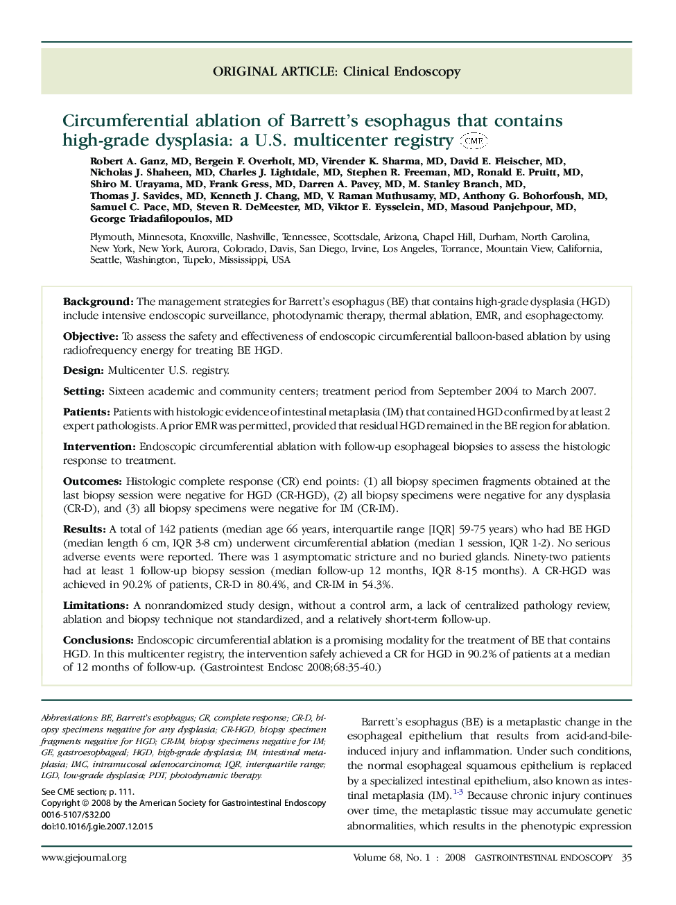 Circumferential ablation of Barrett's esophagus that contains high-grade dysplasia: a U.S. multicenter registry 