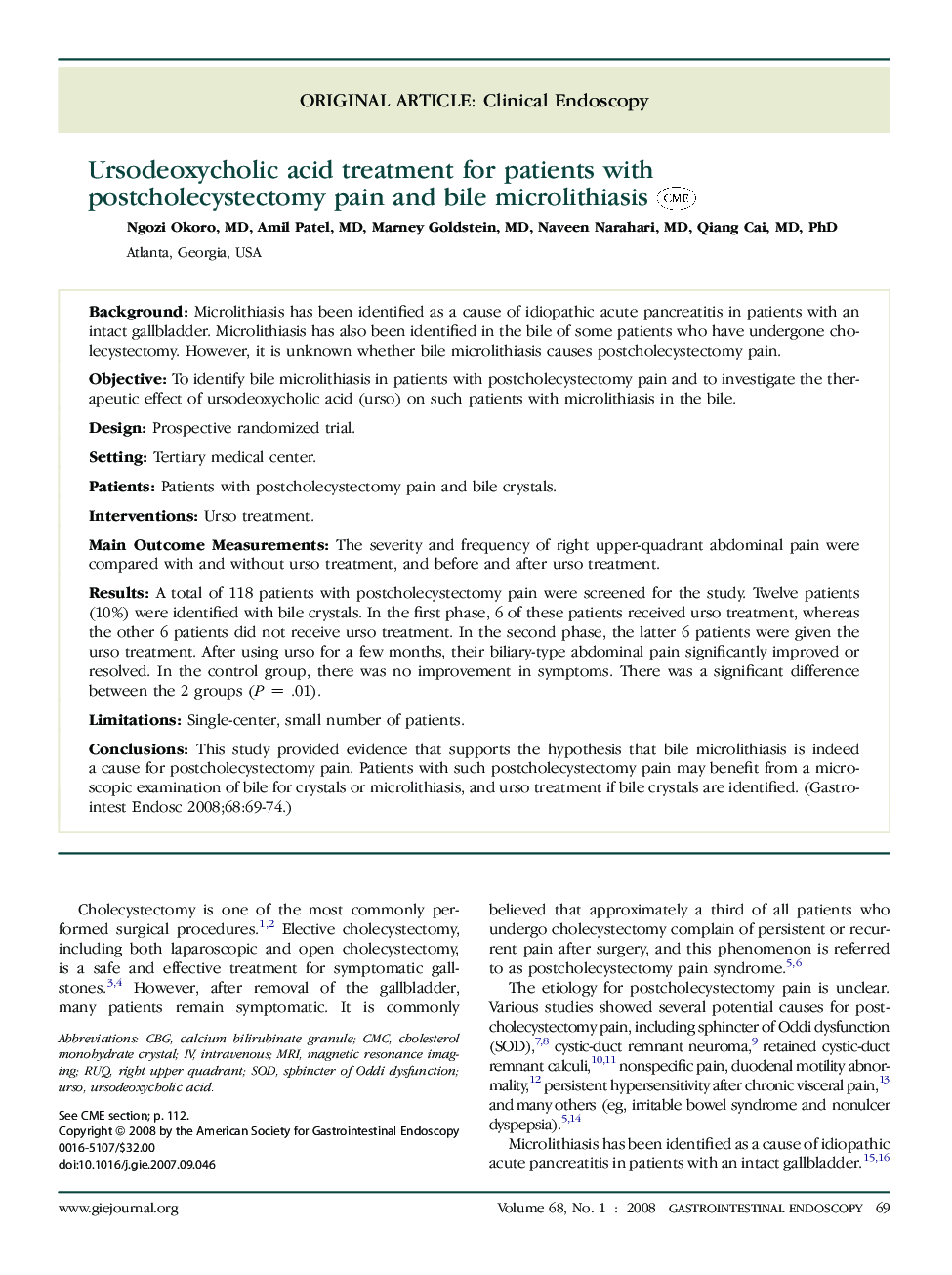 Ursodeoxycholic acid treatment for patients with postcholecystectomy pain and bile microlithiasis 