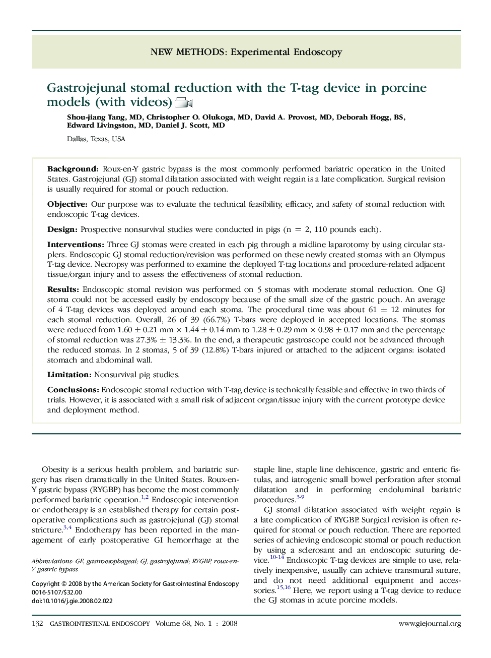 Gastrojejunal stomal reduction with the T-tag device in porcine models (with videos)