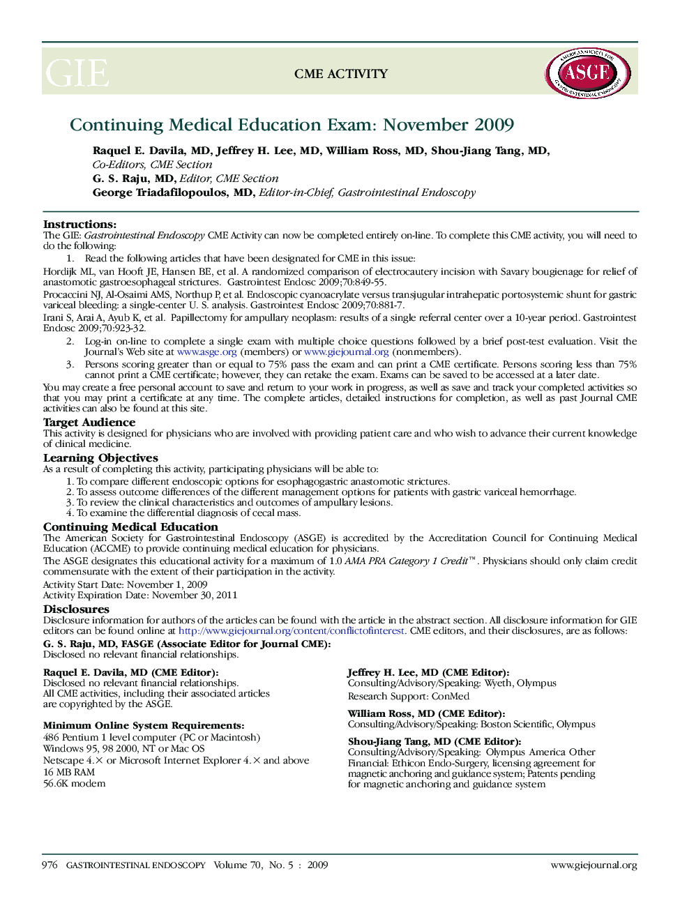 CME Activity: Continuing Medical Education Exam: November 2009