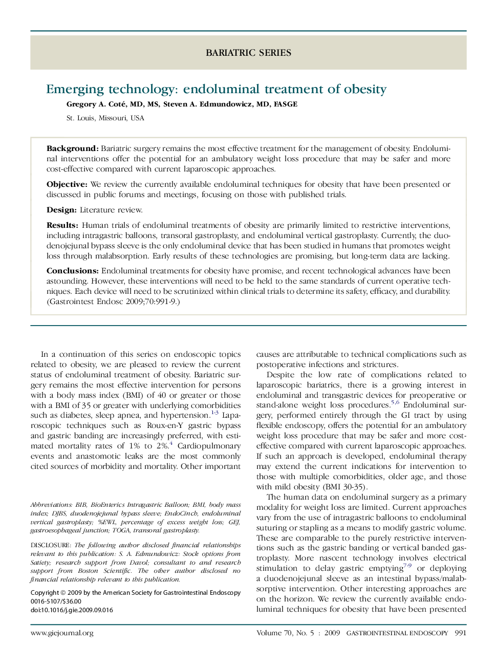 Emerging technology: endoluminal treatment of obesity 