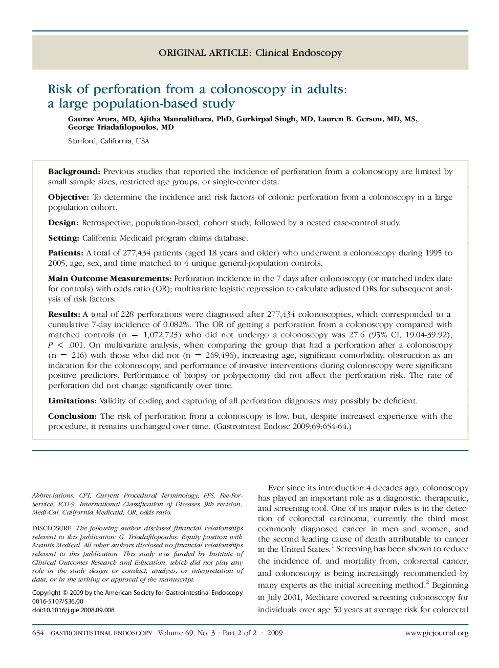 Risk of perforation from a colonoscopy in adults: a large population-based study 