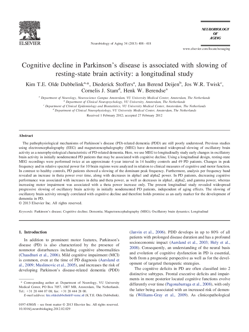 Cognitive decline in Parkinson's disease is associated with slowing of resting-state brain activity: a longitudinal study