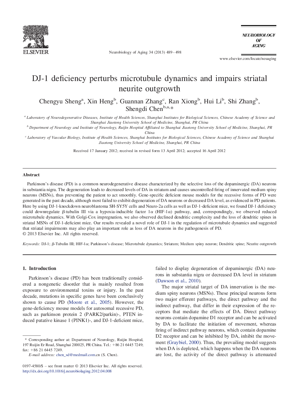 DJ-1 deficiency perturbs microtubule dynamics and impairs striatal neurite outgrowth