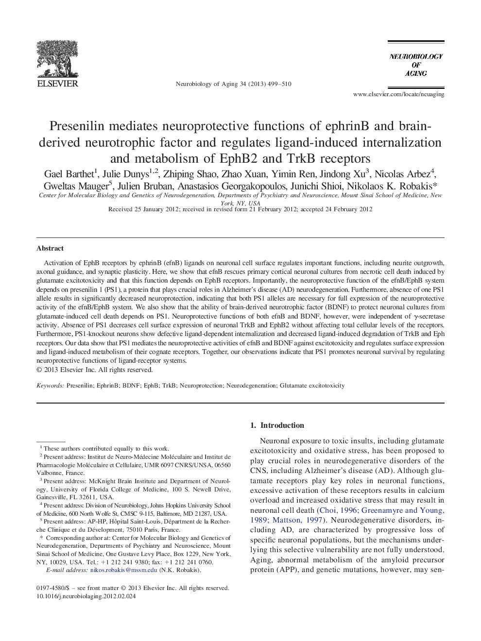 Presenilin mediates neuroprotective functions of ephrinB and brain-derived neurotrophic factor and regulates ligand-induced internalization and metabolism of EphB2 and TrkB receptors