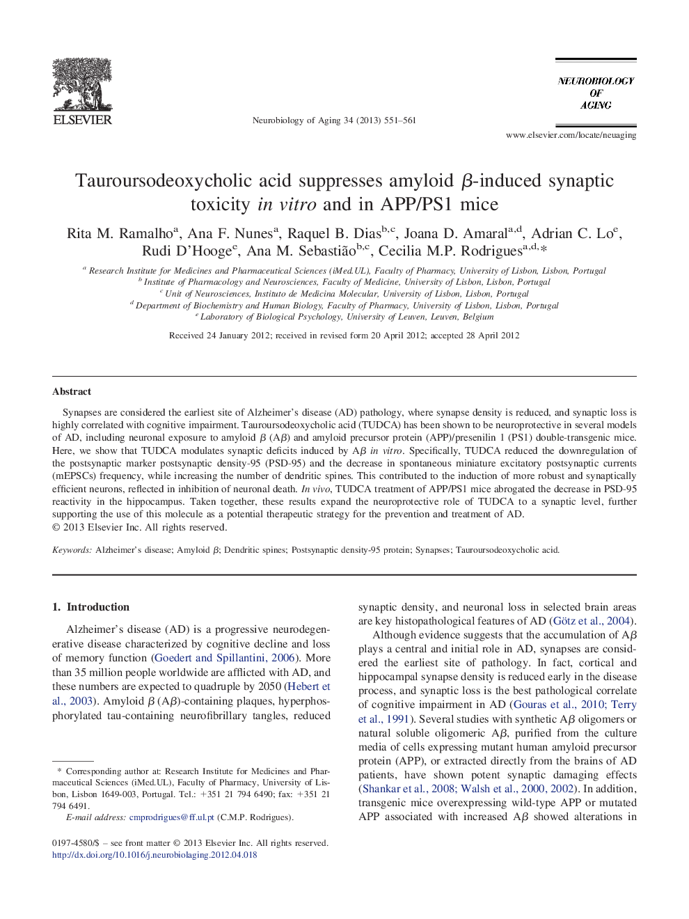 Tauroursodeoxycholic acid suppresses amyloid β-induced synaptic toxicity in vitro and in APP/PS1 mice