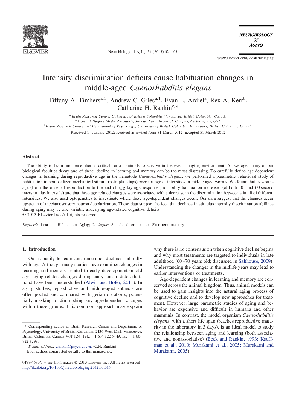 Intensity discrimination deficits cause habituation changes in middle-aged Caenorhabditis elegans