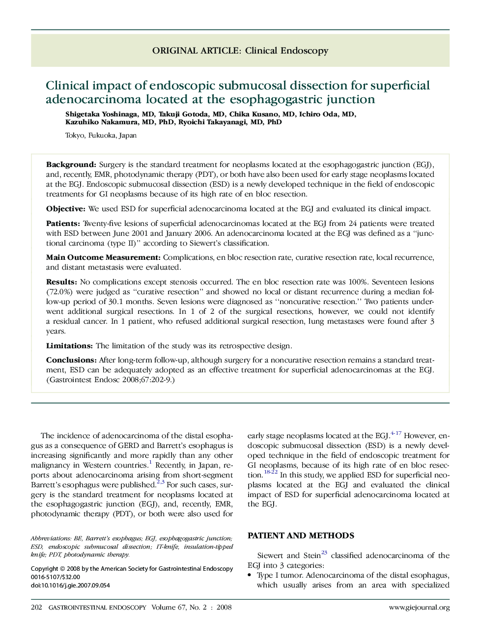 Clinical impact of endoscopic submucosal dissection for superficial adenocarcinoma located at the esophagogastric junction