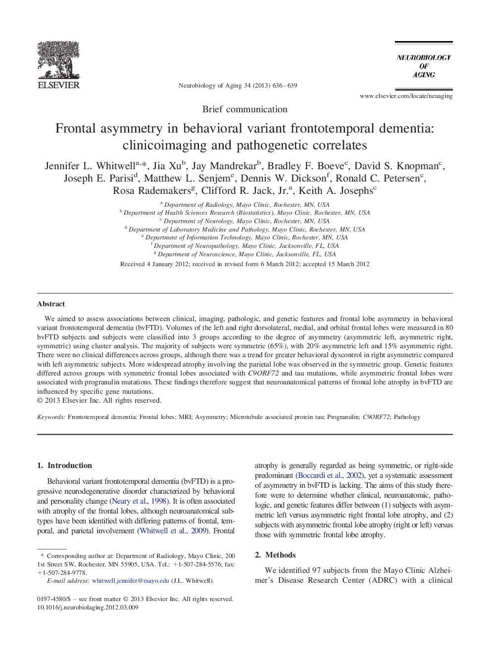 Frontal asymmetry in behavioral variant frontotemporal dementia: clinicoimaging and pathogenetic correlates