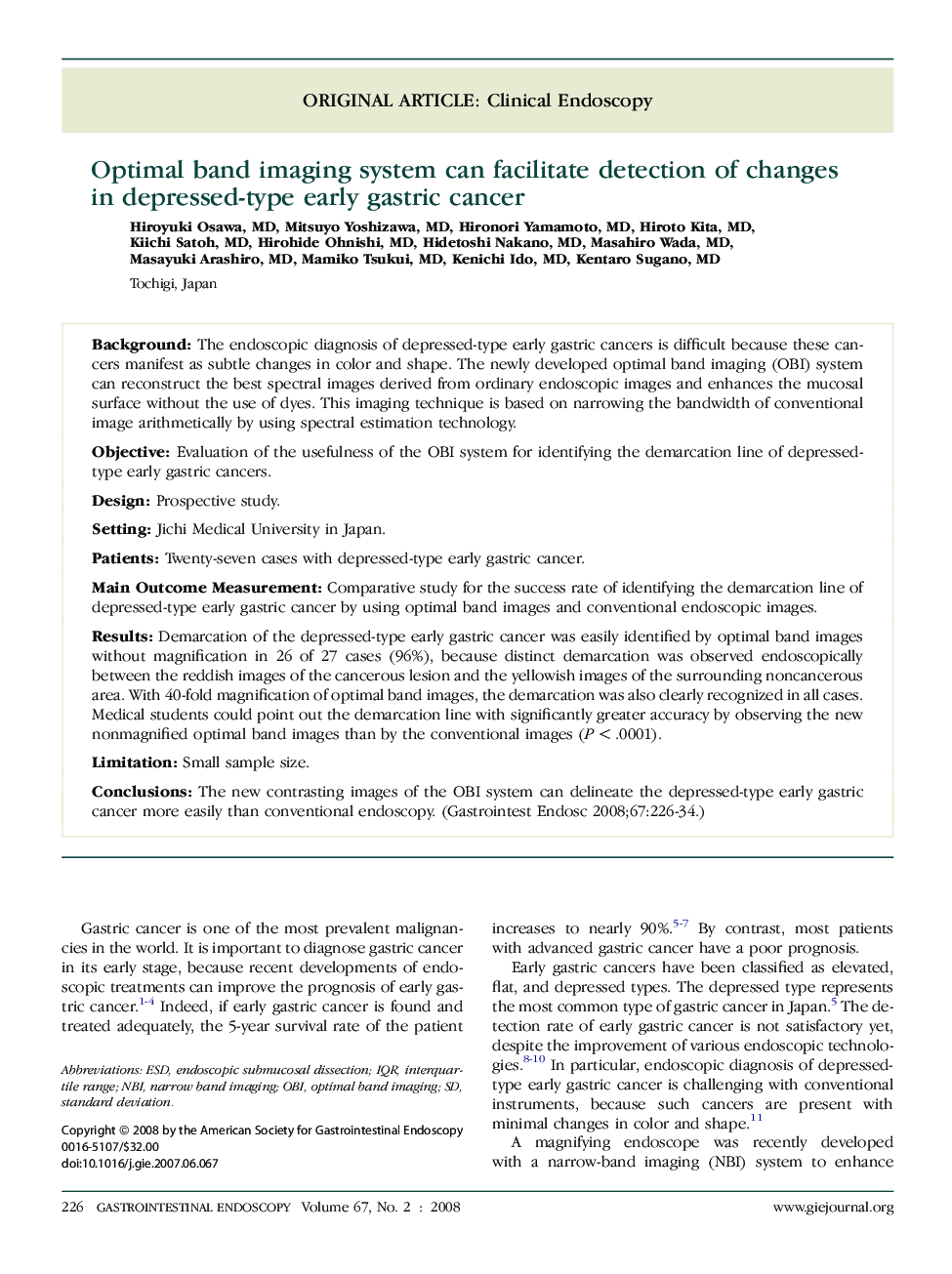 Optimal band imaging system can facilitate detection of changes in depressed-type early gastric cancer