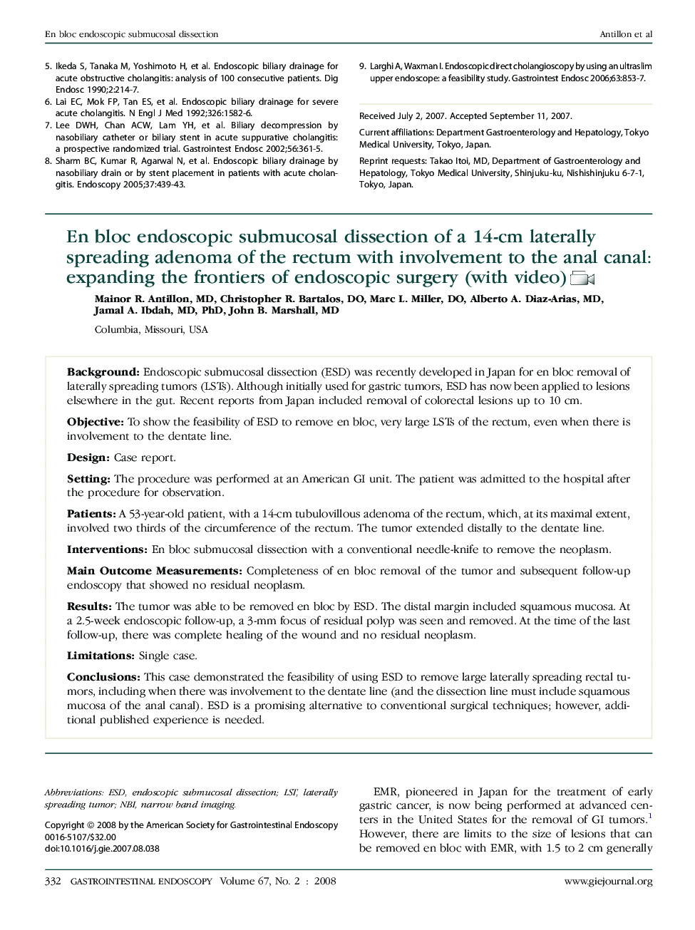 En bloc endoscopic submucosal dissection of a 14-cm laterally spreading adenoma of the rectum with involvement to the anal canal: expanding the frontiers of endoscopic surgery (with video)