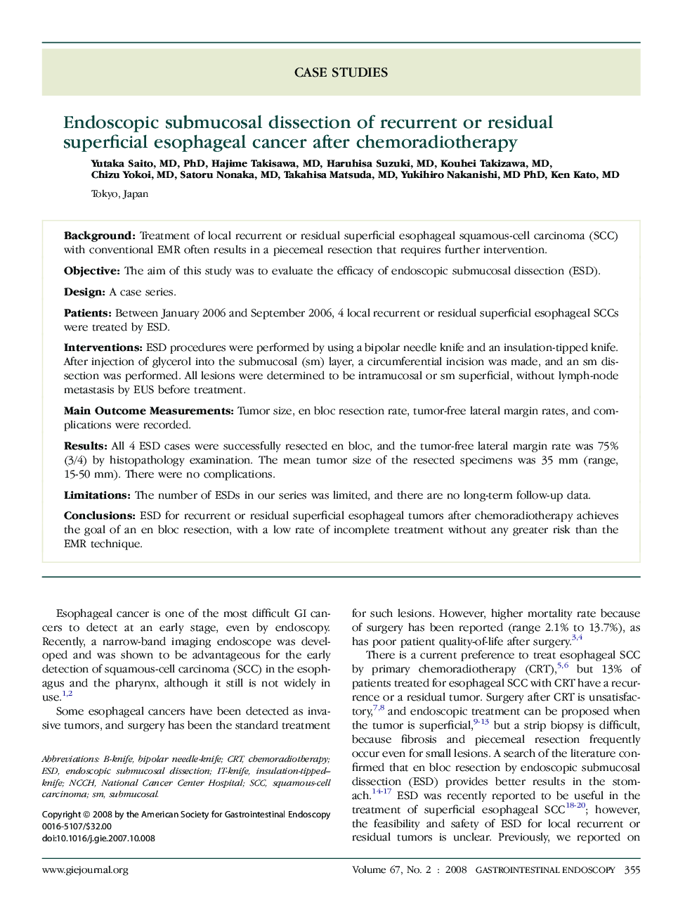 Endoscopic submucosal dissection of recurrent or residual superficial esophageal cancer after chemoradiotherapy 