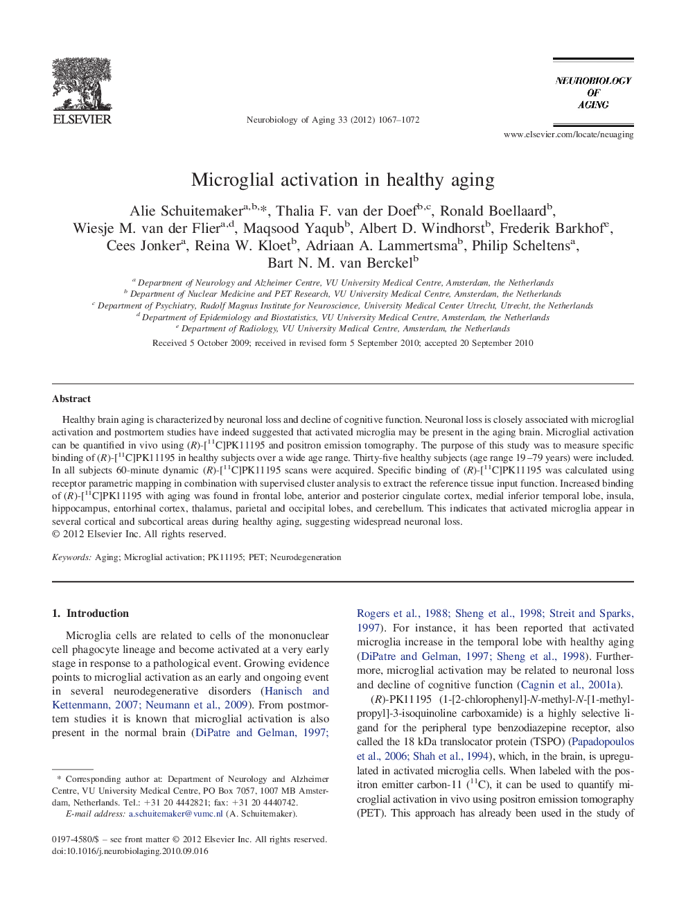 Microglial activation in healthy aging