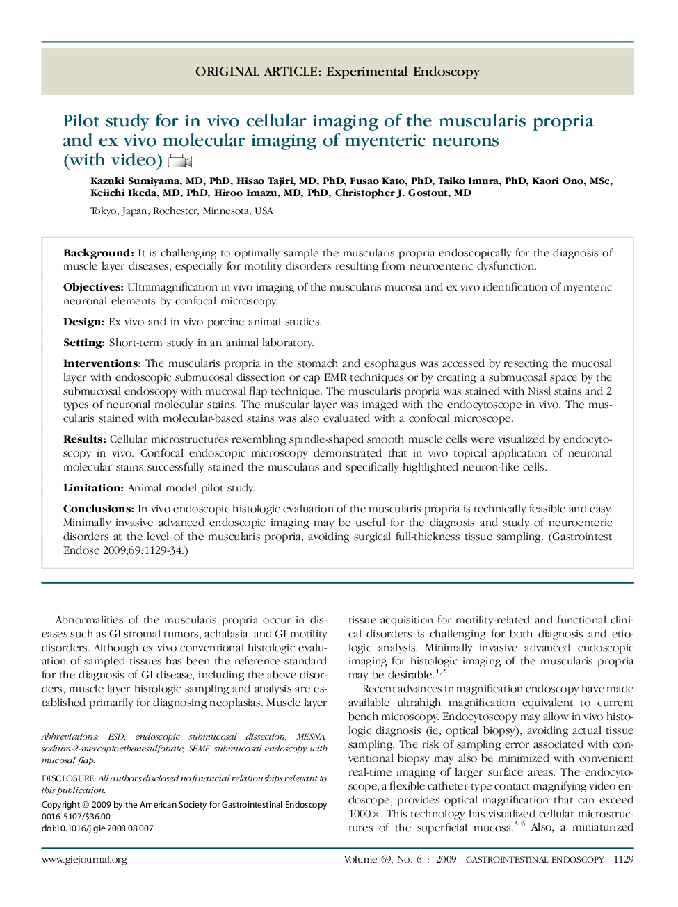 Pilot study for in vivo cellular imaging of the muscularis propria and ex vivo molecular imaging of myenteric neurons (with video) 