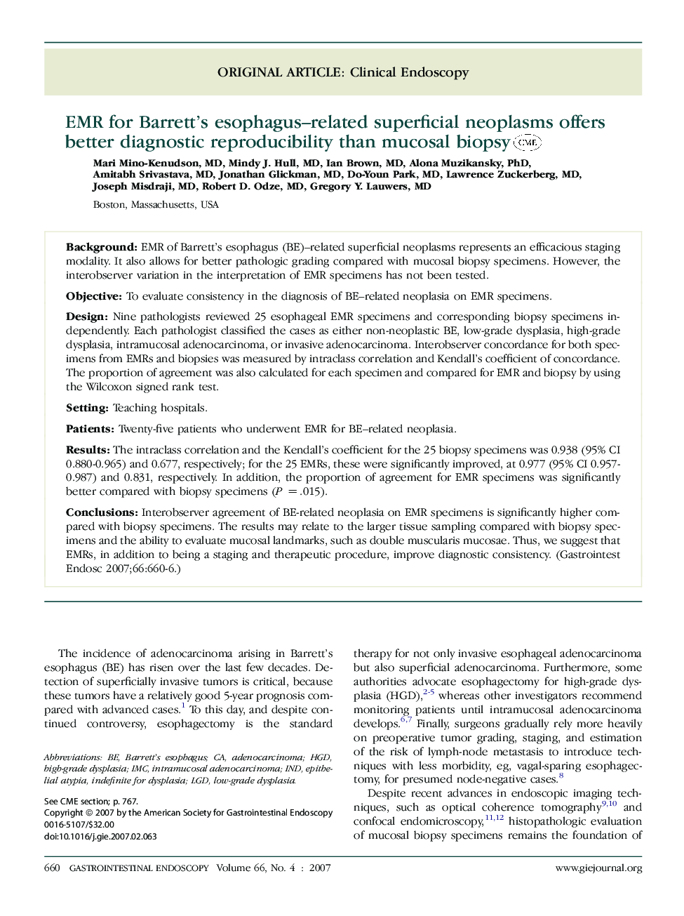 EMR for Barrett's esophagus–related superficial neoplasms offers better diagnostic reproducibility than mucosal biopsy 