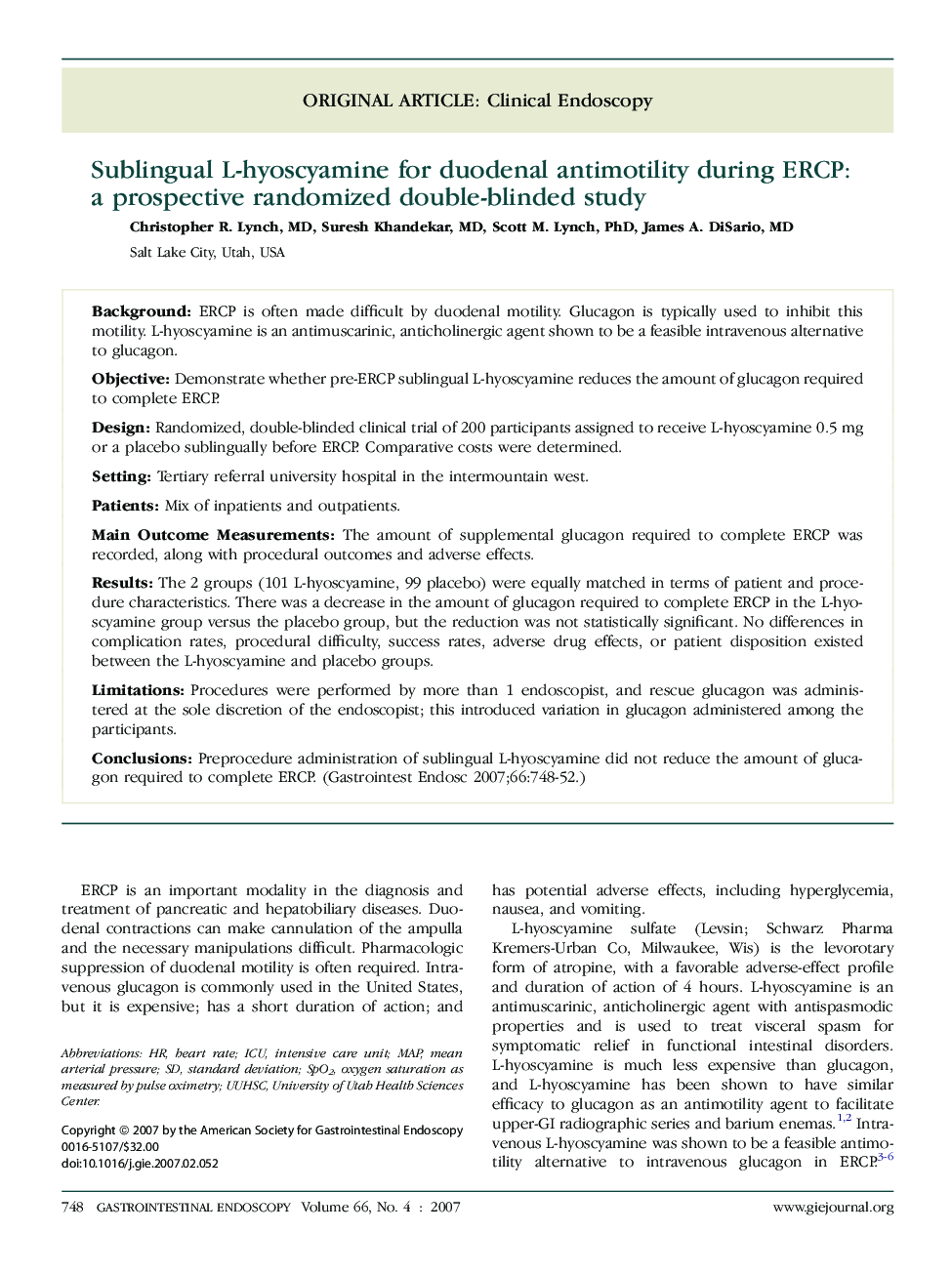 Sublingual L-hyoscyamine for duodenal antimotility during ERCP: a prospective randomized double-blinded study 