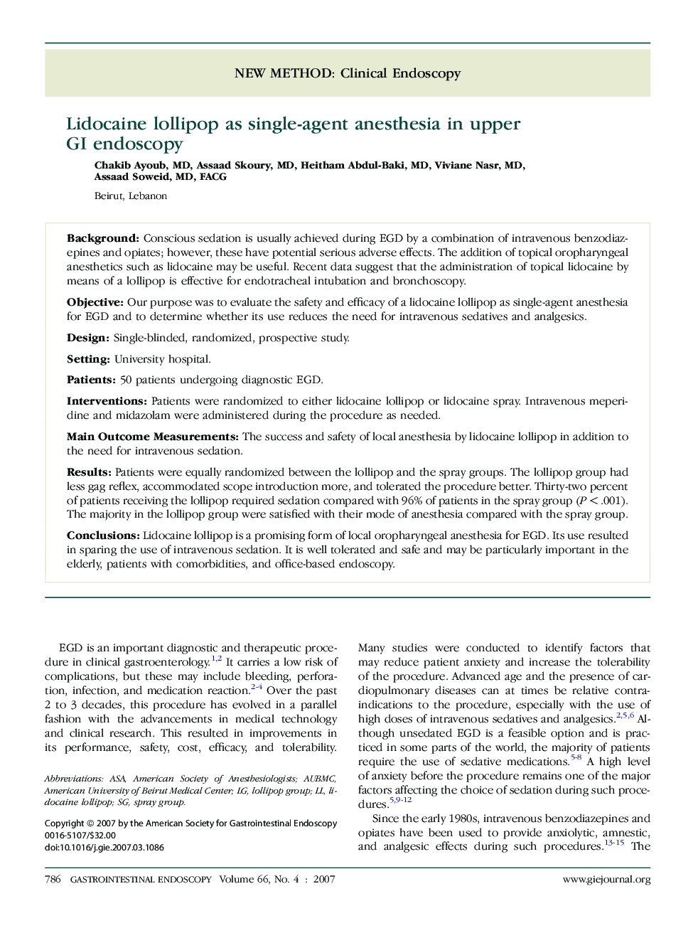 Lidocaine lollipop as single-agent anesthesia in upper GI endoscopy