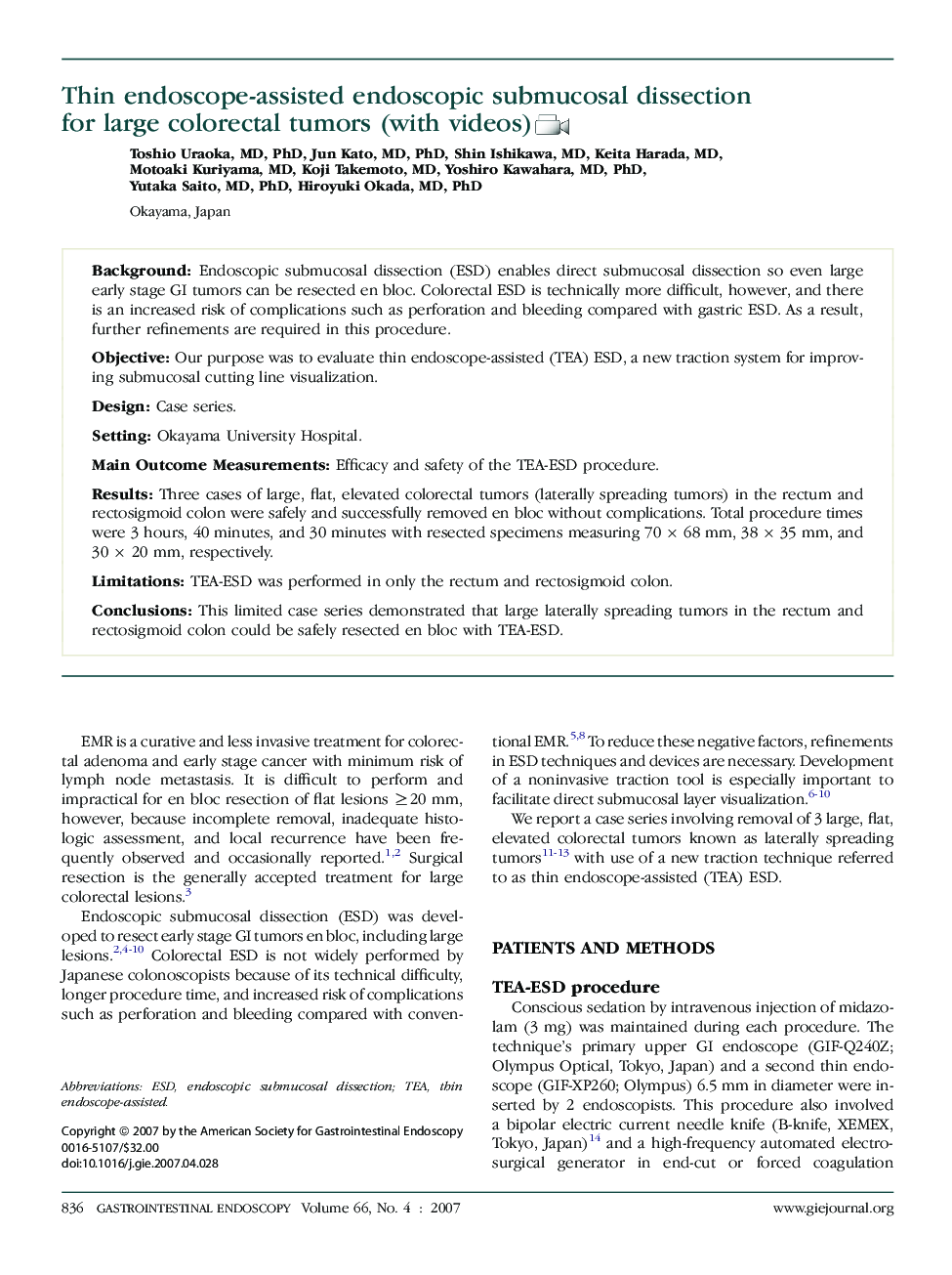 Thin endoscope-assisted endoscopic submucosal dissection for large colorectal tumors (with videos)