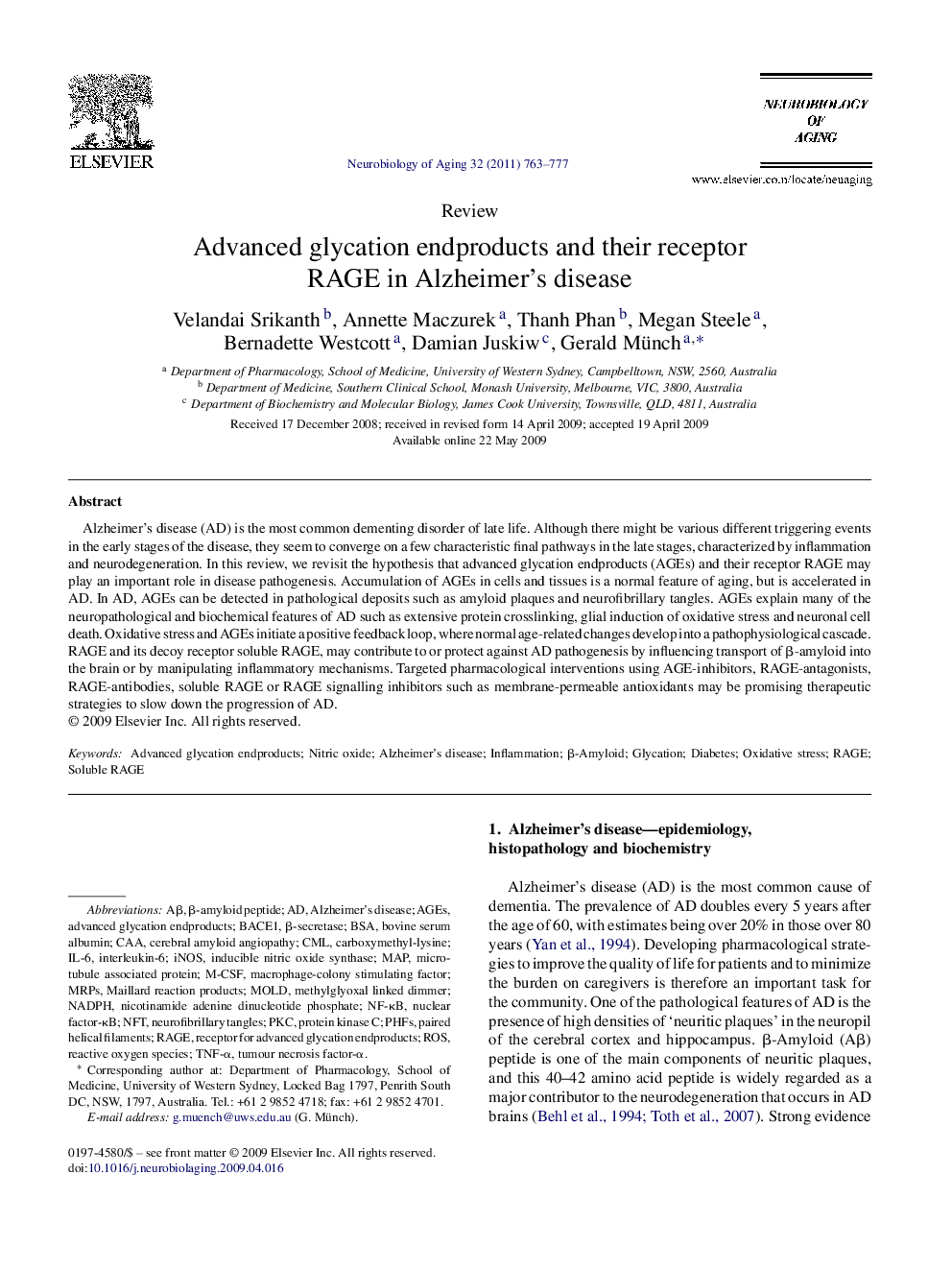 Advanced glycation endproducts and their receptor RAGE in Alzheimer's disease