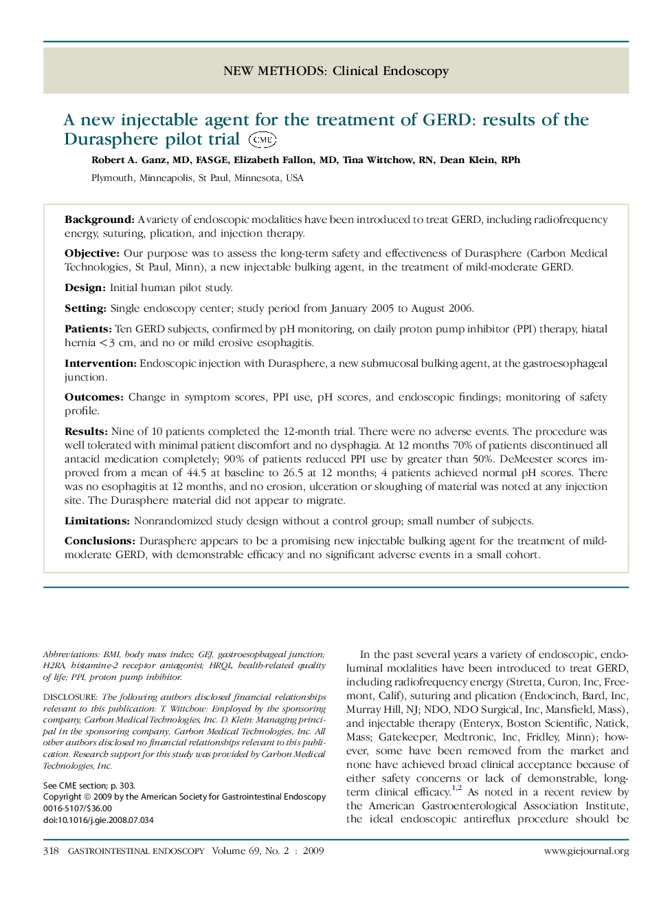 A new injectable agent for the treatment of GERD: results of the Durasphere pilot trial 