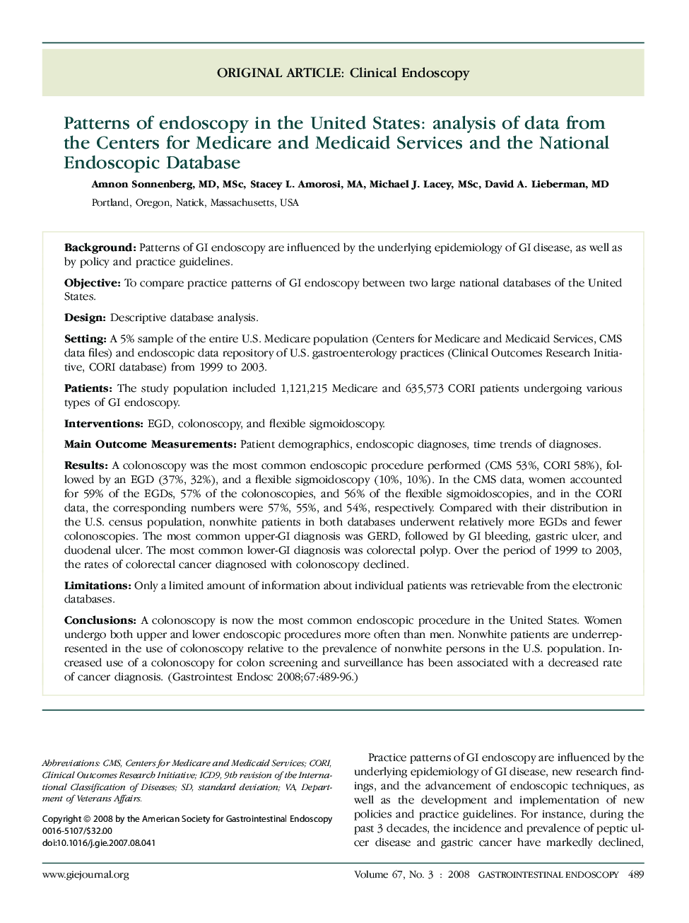 Patterns of endoscopy in the United States: analysis of data from the Centers for Medicare and Medicaid Services and the National Endoscopic Database