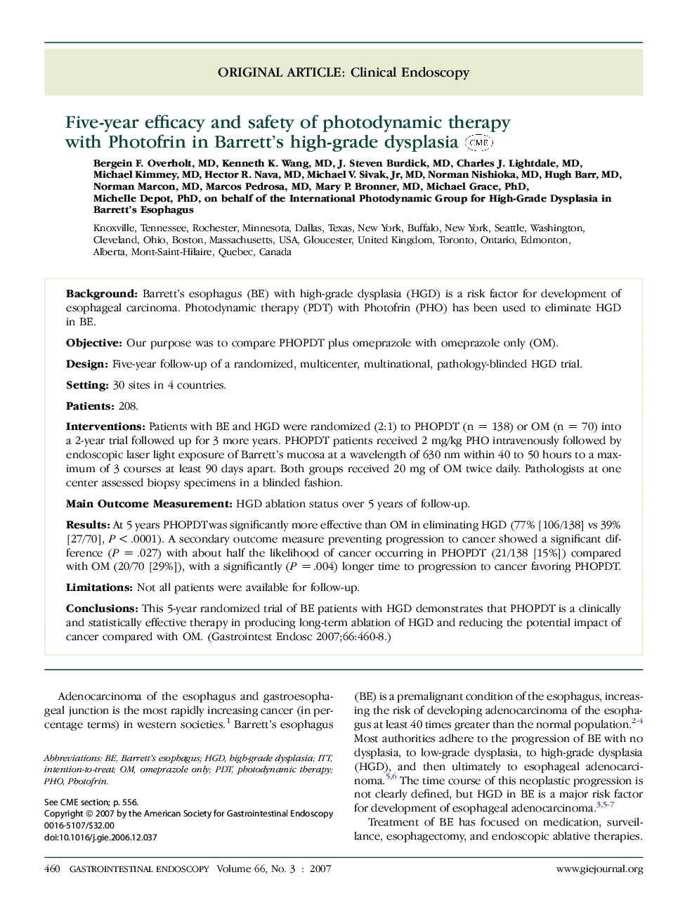 Five-year efficacy and safety of photodynamic therapy with Photofrin in Barrett's high-grade dysplasia 