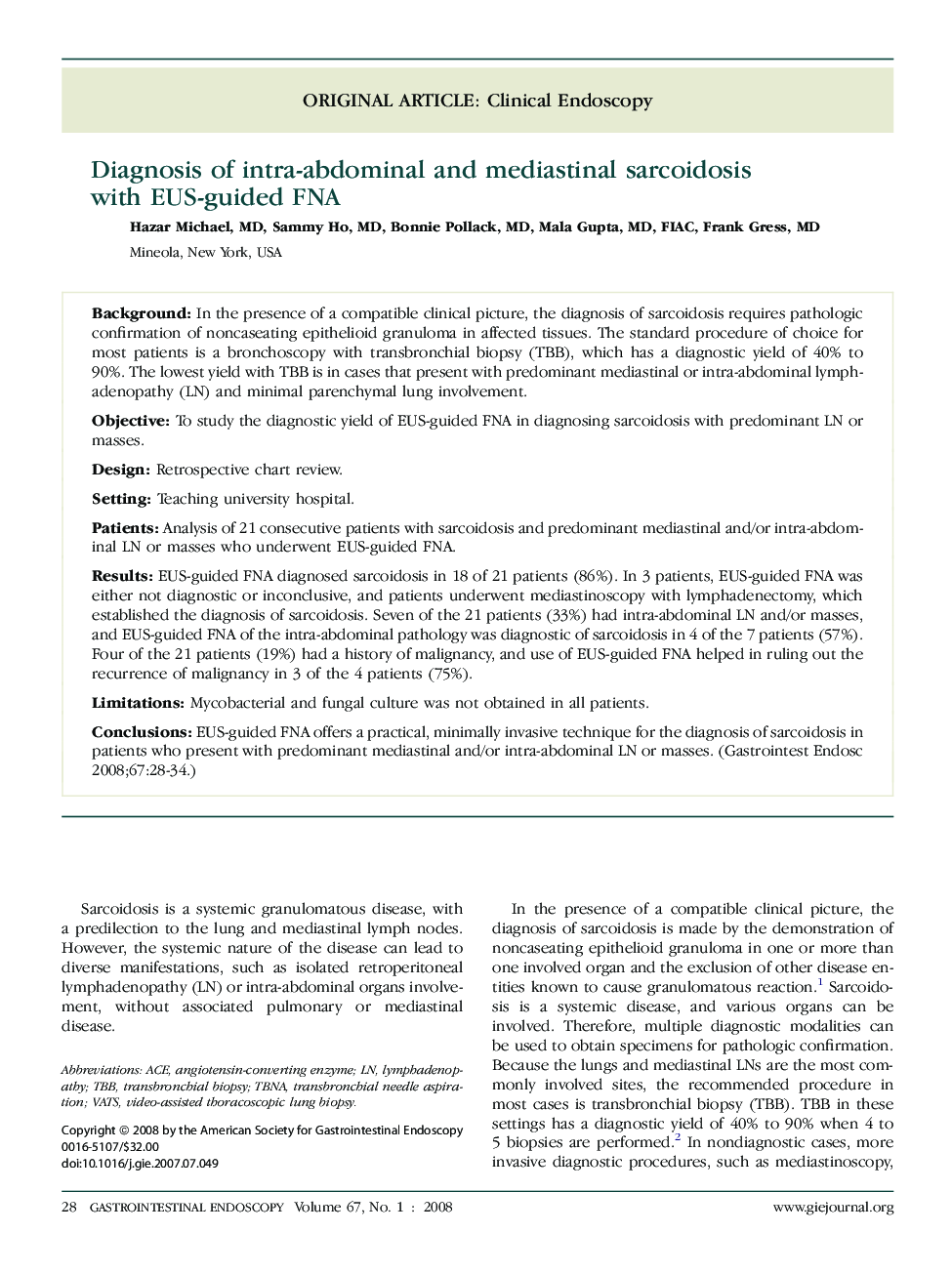 Diagnosis of intra-abdominal and mediastinal sarcoidosis with EUS-guided FNA
