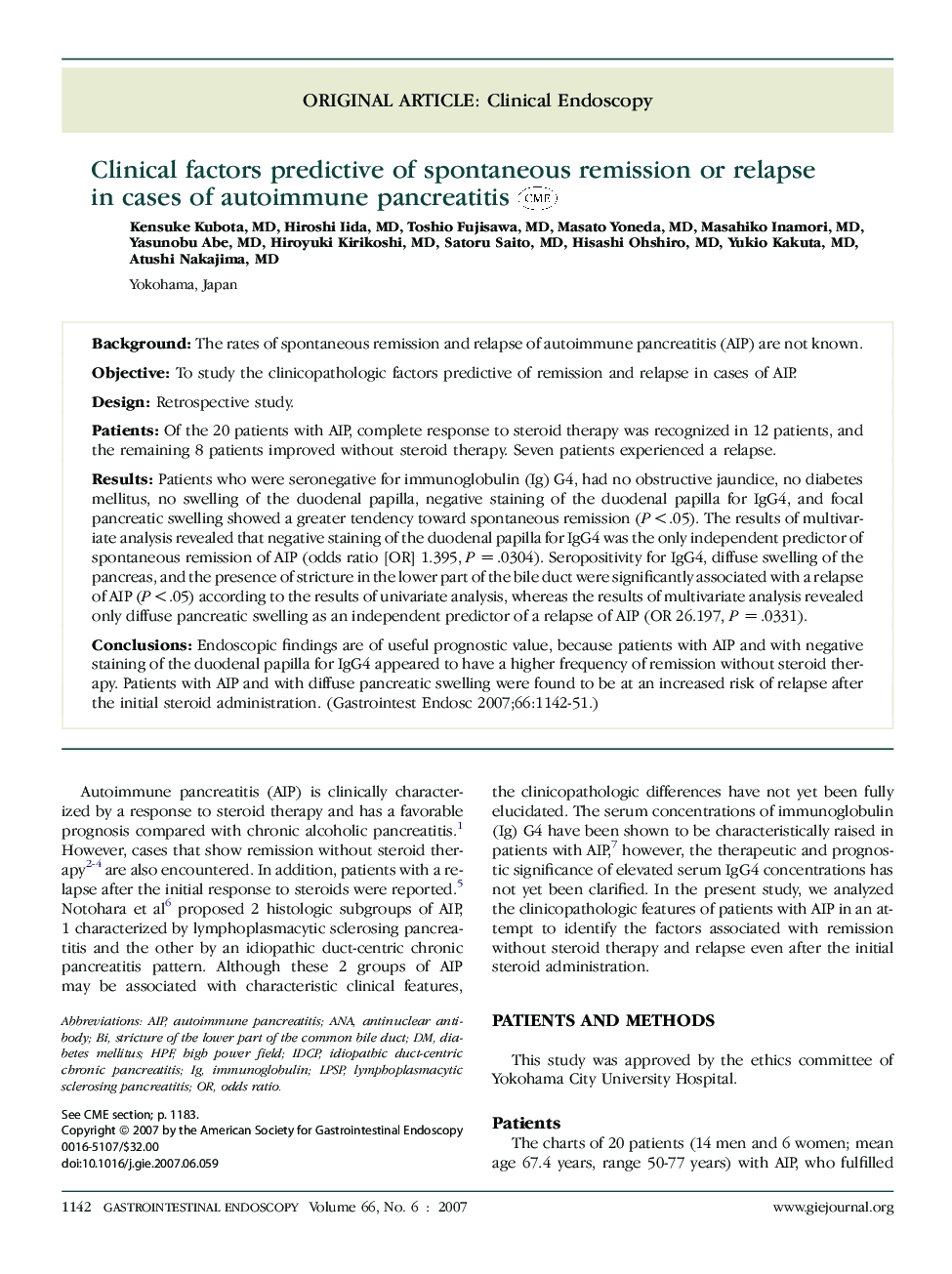 Clinical factors predictive of spontaneous remission or relapse in cases of autoimmune pancreatitis 