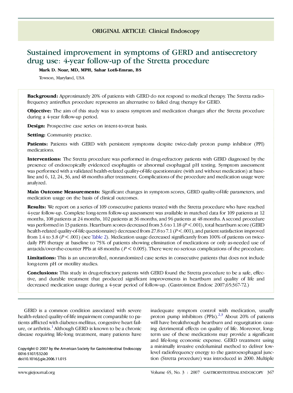 Sustained improvement in symptoms of GERD and antisecretory drug use: 4-year follow-up of the Stretta procedure