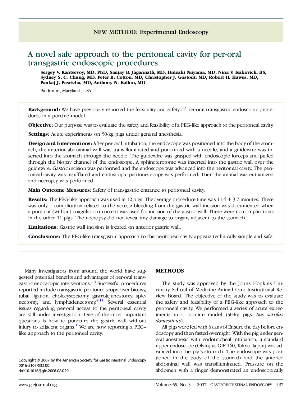 A novel safe approach to the peritoneal cavity for per-oral transgastric endoscopic procedures