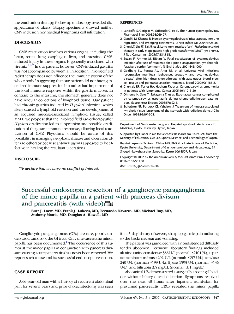 Successful endoscopic resection of a gangliocytic paraganglioma ofÂ the minor papilla in a patient with pancreas divisum and pancreatitis (with video)