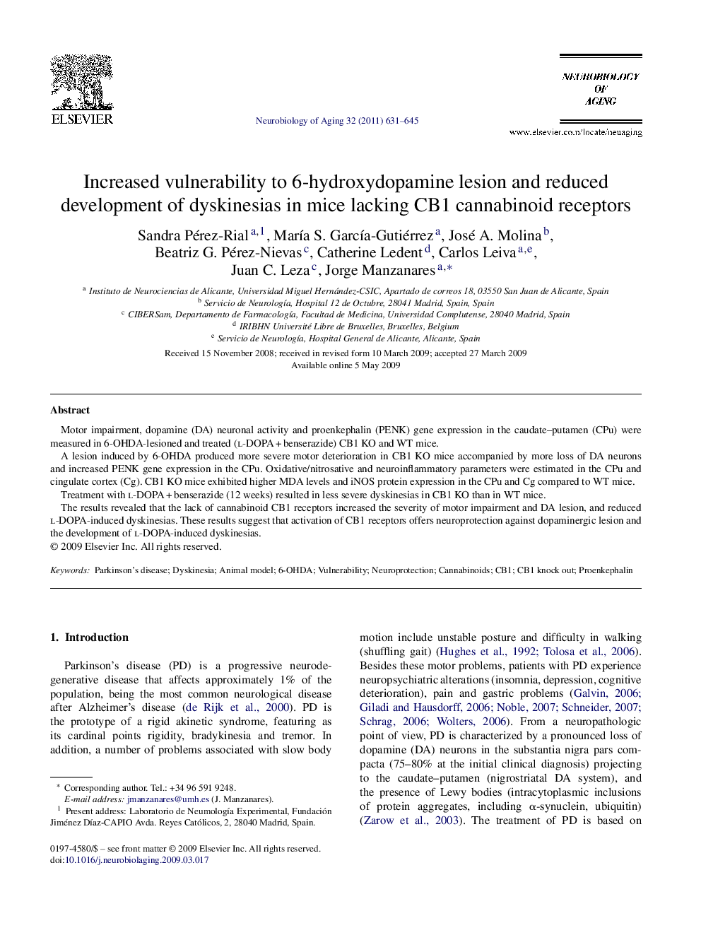 Increased vulnerability to 6-hydroxydopamine lesion and reduced development of dyskinesias in mice lacking CB1 cannabinoid receptors