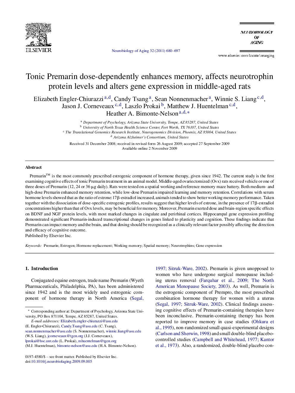 Tonic Premarin dose-dependently enhances memory, affects neurotrophin protein levels and alters gene expression in middle-aged rats