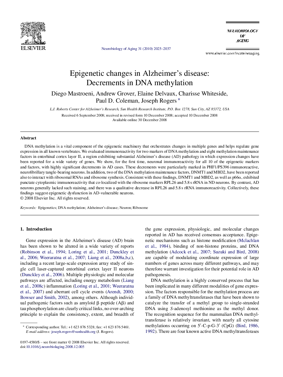 Epigenetic changes in Alzheimer's disease: Decrements in DNA methylation