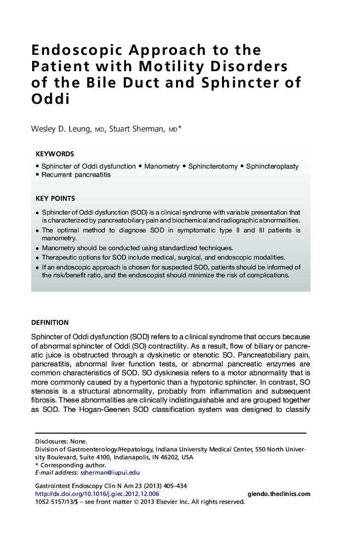 Endoscopic Approach to the Patient with Motility Disorders of the Bile Duct and Sphincter of Oddi