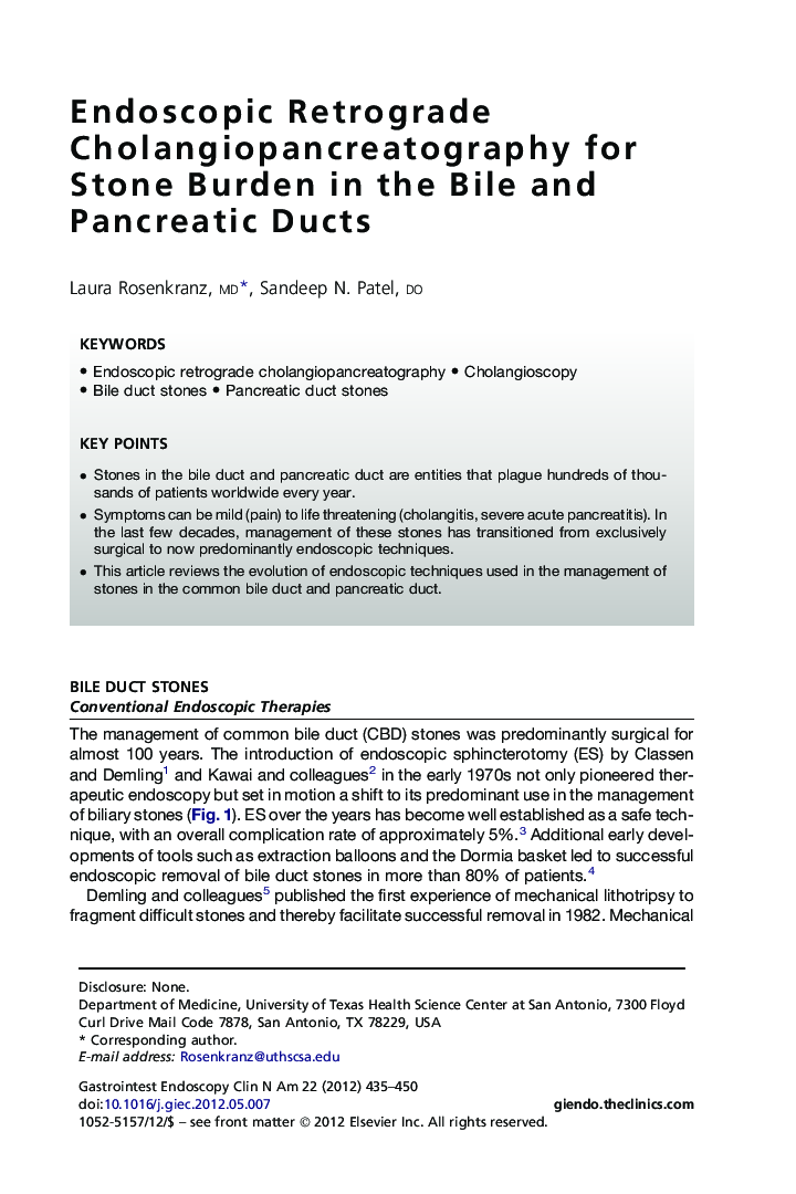 عکس صفحه اول مقاله: Endoscopic Retrograde Cholangiopancreatography for Stone Burden in the Bile and Pancreatic Ducts Endoscopic Retrograde Cholangiopancreatography for Stone Burden in the Bile and Pancreatic Ducts