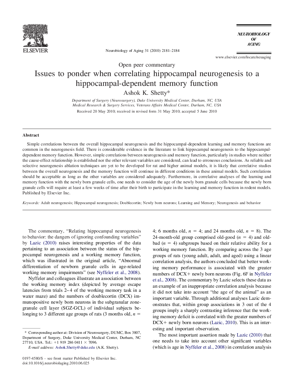 Issues to ponder when correlating hippocampal neurogenesis to a hippocampal-dependent memory function